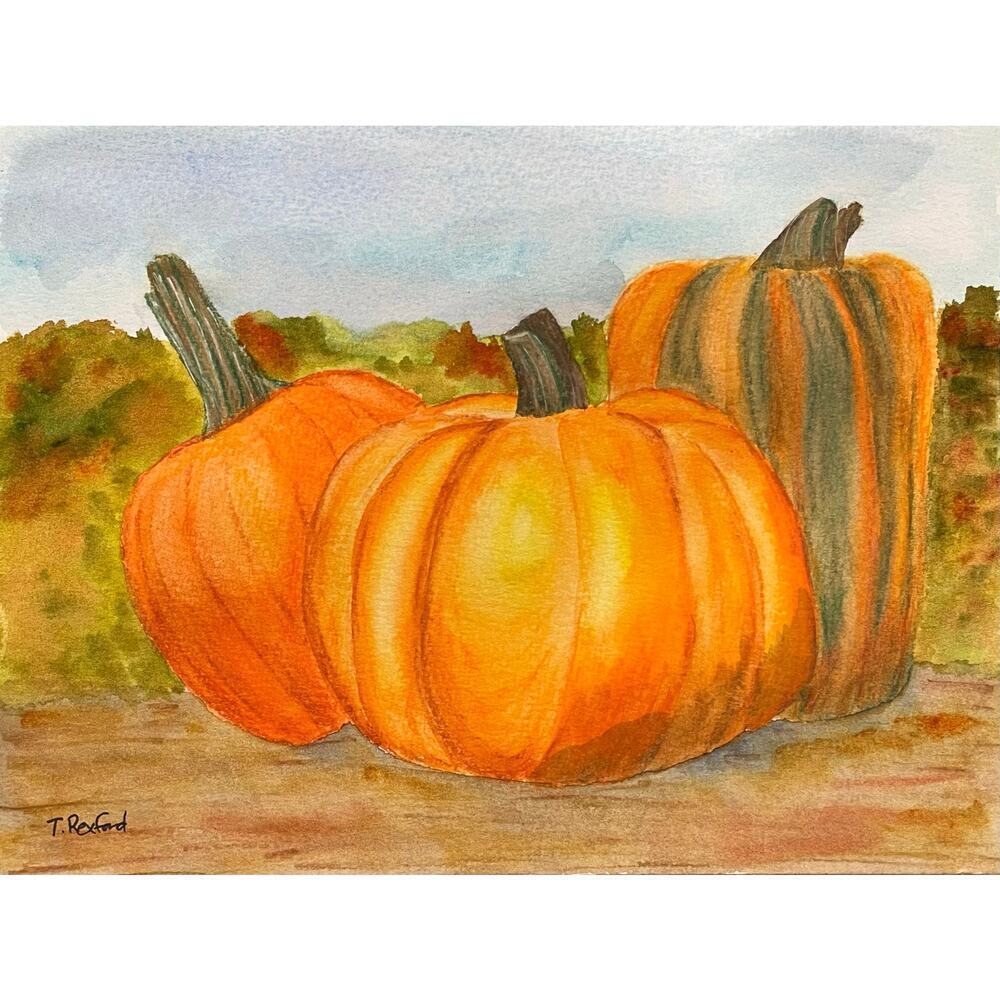 Hand painted watercolor original painting fall pumpkins orange